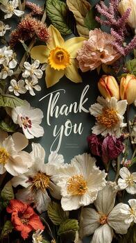 Flower arrangement with a thank you message in a creative display on a dark background photo