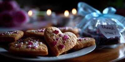 Sweet heart cookies decorate a table with candles and gifts during an evening gathering photo