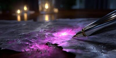 Writing with a glowing pen on crumpled paper at night by candlelight creates a magical atmosphere photo