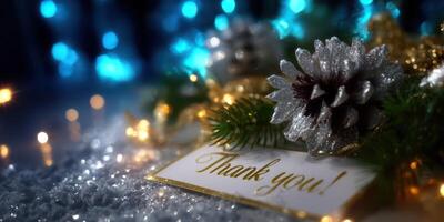 Decorative winter arrangement featuring pine cones and a thank you card with a soft blue background photo