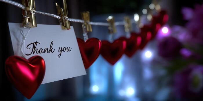 Display of red hearts and a thank you card hanging on a string with soft lighting in the background photo