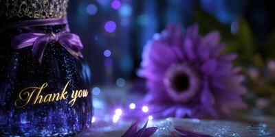 Elegant thank you jar with purple flower and soft glowing lights in a cozy setting during the evening photo