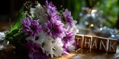 Bouquet of colorful flowers beside wooden blocks spelling thank on a sunlit table in a cozy indoor setting photo