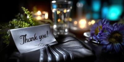 Elegant table setting with a thank you note and candles creates a warm atmosphere for an evening event photo