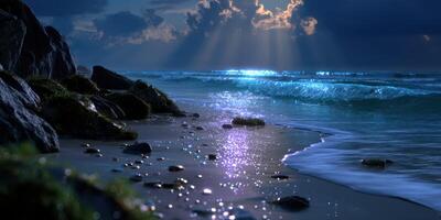 Waves gently lap the shore under moonlight in a serene coastal landscape at dusk photo