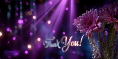 Vibrant floral arrangement with thank you message in a festive setting during an evening celebration photo