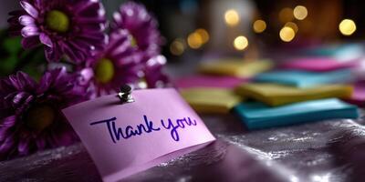 Thank you note placed among colorful sticky notes and purple flowers during a cozy evening gathering photo