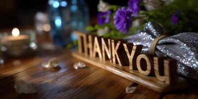 Wooden thank you sign with flowers and candles on a rustic table during an evening gathering photo