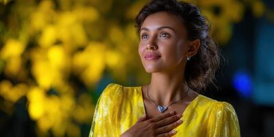 Woman in yellow dress smiles under bright yellow flowers during evening event in a garden setting photo
