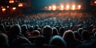 Audience watches performance in a dimly lit theater during evening show with bright stage lights photo