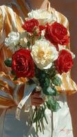 Beautiful bouquet of red and white roses held by a person in a stylish striped shirt outdoors during bright sunlight photo