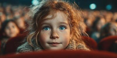 Child watches intently during movie screening in a theater filled with excited audience members photo