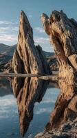 Beautiful rock formations reflecting in calm water during golden hour at scenic location photo