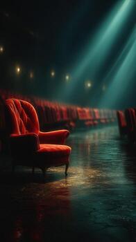 Empty red chair in dimly lit theater with a spotlight shining down photo