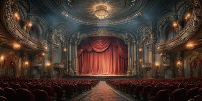 Grand theater interior with red curtain and ornate details, evoking a sense of elegance and anticipation for an upcoming performance photo