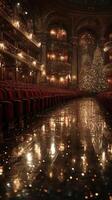 Elegant theater hall adorned for the holidays with a grand Christmas tree and festive decorations illuminating the space photo