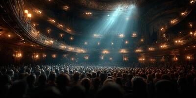 Crowd gathered in ornate theater for a performance under dramatic lighting during a lively evening event photo