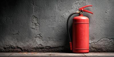 Bright red fire extinguisher placed against a textured gray wall in an industrial setting for safety precautions photo