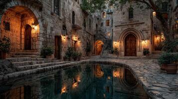 Charming evening atmosphere in a historic stone village with illuminated buildings and a tranquil reflection in water photo