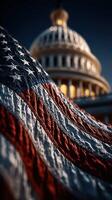 American flag waving in front of the Capitol building at sunset with a warm glow illuminating the dome and columns photo