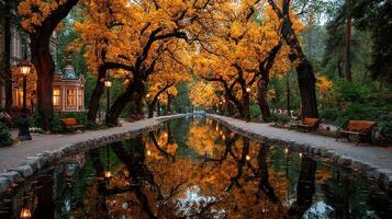 Serene autumn walk along a tree-lined canal with vibrant yellow leaves and reflections in the water photo