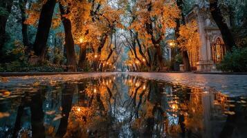 Beautiful autumn evening walk in a tree-lined park reflecting golden lights on a tranquil puddle photo