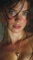 Model showcases intricate jewelry in a close-up portrait with natural light highlighting features photo