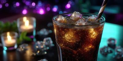 Refreshing drink in a stylish setting with ice and mood lighting on a summer evening photo