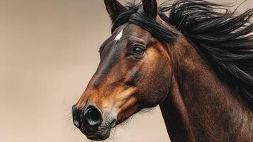 Majestic brown horse with flowing mane against a neutral background during a calm afternoon photo