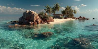 Tropical island with lush palm trees and clear turquoise waters during midday sun photo