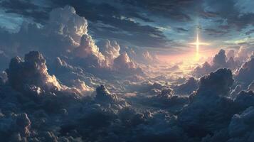 Heavenly clouds illuminated by sunlight breaking through at dawn over serene landscape photo