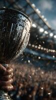 Celebration after a thrilling championship victory in a packed stadium with fans cheering photo