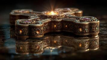 Intricate golden cross resting on a reflective surface, illuminated by a soft glow in a dimly lit environment photo