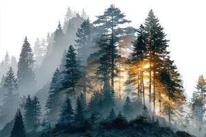 Misty sunrise over a dense forest with sun rays piercing through tall pine trees at dawn photo