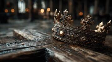 Intricate golden crown placed on aged wooden cross amidst dim candlelight in a historic space photo