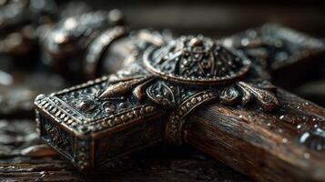 Intricate wooden cross with detailed carvings resting on a wet surface showcasing artistry and craftsmanship photo
