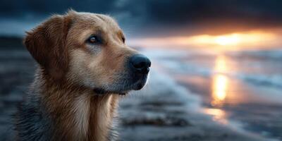 Dog gazes thoughtfully at the ocean during sunset at a serene beach setting photo