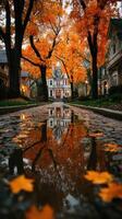 Autumn reflection of a historic house surrounded by vibrant orange trees after rain in a serene neighborhood setting photo