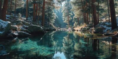 Serene winter landscape with a clear river reflects towering pine trees in a tranquil forest setting photo