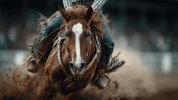 Horse racing competition at a rodeo event showcasing speed and determination during the day photo