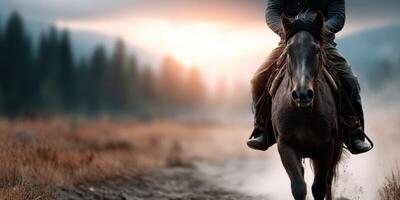Horseback rider traverses a misty path at dawn near a serene forest landscape photo