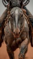 Powerful gray horse gallops through sandy terrain during dynamic equestrian event in the wild west landscape photo
