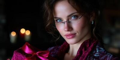 Beautiful woman holding a gift box in a dimly lit room adorned for a celebration photo