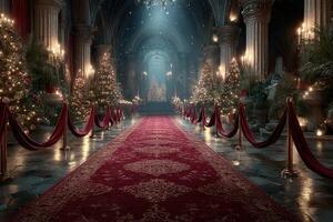 Grand illuminated hall with lavish Christmas decorations, trees, and red carpet creating a festive atmosphere during winter celebration photo