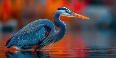 Elegant blue heron standing in calm waters at sunset near a vibrant waterfront location photo