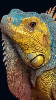 Colorful iguana displays vibrant scales against a dark background in a striking close-up capturing its unique features photo