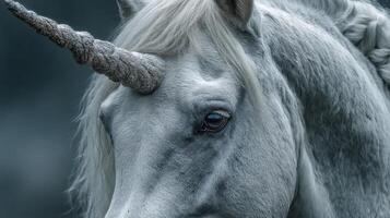 Enchanted white unicorn with a spiraled horn standing in a misty forest during a tranquil morning photo