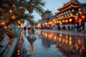 Brightly decorated lanterns and festive lights adorn a lively street market in the evening photo