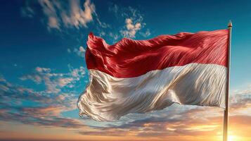 Majestic Indonesian flag waving against a vibrant sunset sky with dynamic clouds photo