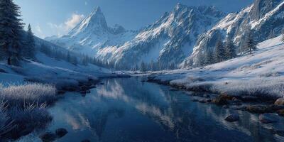 Snowy mountain landscape with a reflective river under a clear blue sky in winter photo